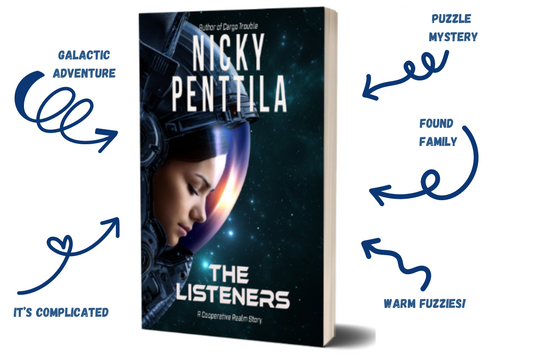 closeup of book cover, focusing on the face of a woman in a clear helmet in outer space